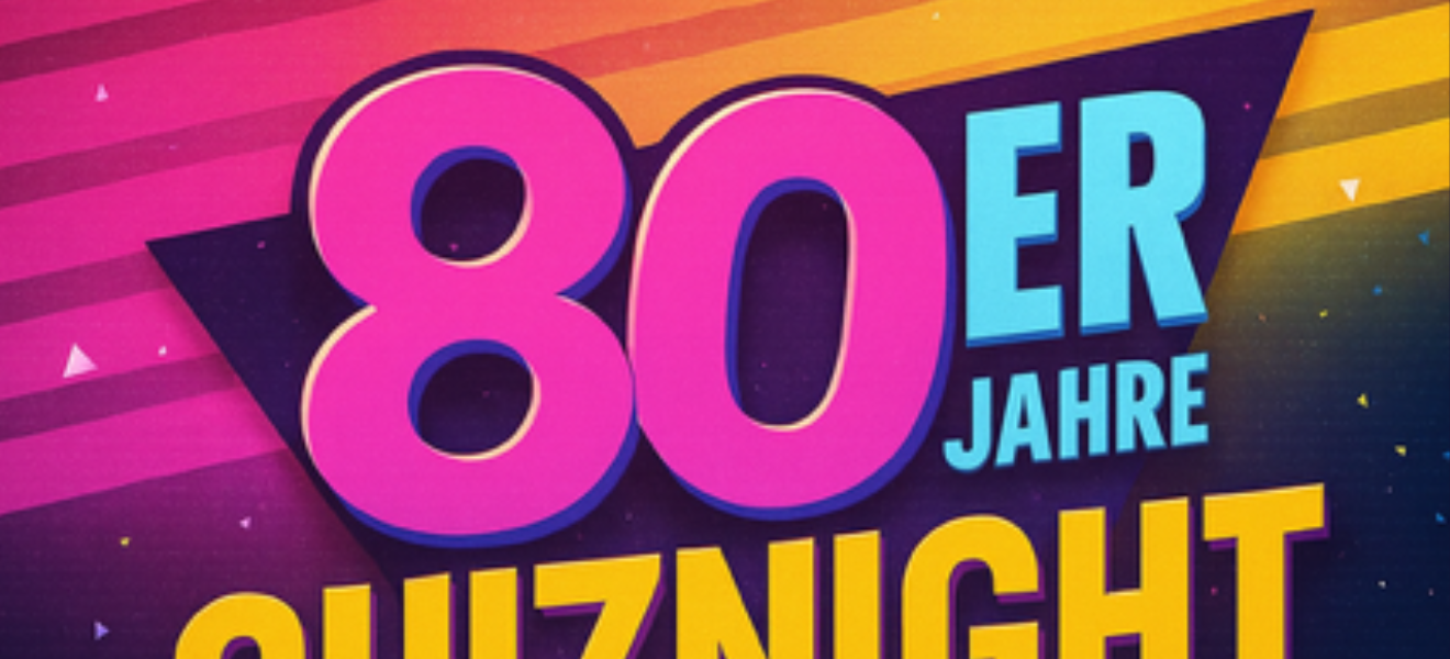 Teil des Veranstaltungsplakates mit der Aufschrift "80er Jahre Quiznight" in Pink, Blautönen und Gelb. Die Schrift ist auf einem Dreieck.