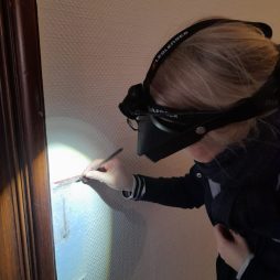 Die Restauratorin Tanja Pieper-Beenken legt einen Teil der ursprünglichen Farbschichten des Treppenhauses frei