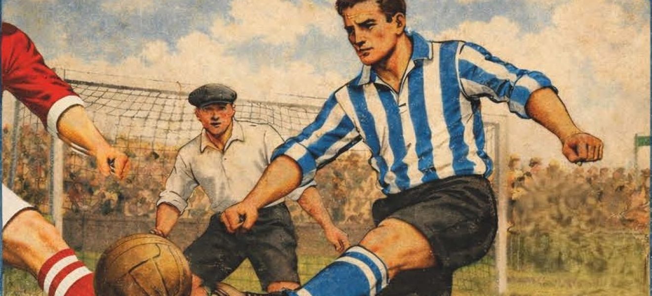 Die Zeichnung zeigt einen Mann in einem blau-weiß gestreiften Trikot, der an einen Fußball tritt. Neben ihm sind der Arm und ein Bein eines Spielers in einem roten Trikot zu sehen. Im Hintergrund steht ein Torwart im Tor.