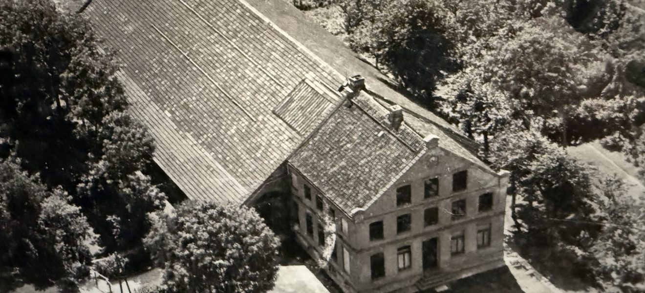 Historische Luftbildaufnahme eines Gulfhofs umgeben von Bäumen und Feldern