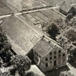 Historische Luftbildaufnahme des Dühringshofes von 1880 in Dornumergrode (Foto: privat) Historische Luftbildaufnahme eines Gulfhofs umgeben von Bäumen und Feldern
