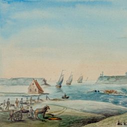Deichbruch in der Westermarsch beim Dorf Itzendorf im Jahr 1825. Aquarell von Hinrich Adolph von Lengen (Ostfriesisches Teemuseum Norden) Aquarell eines gebrochenen Deiches mit einer teilweise überfluteten Landschaft. Auf dem Wasser schwimmen mehrere Schiffe