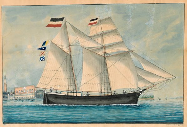 Segelschiff auf dem Wasser, im Hintergrund Venedig
