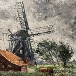 Arthur Eden Sillenstede (1899-1977), Mühle in Ülkegatt (bei Altfunnixsiel), Öl auf Leinwand, o. J. (2. Hälfte 20. Jh.), Inv.-Nr. SHM-17277 (Foto: DSHM) Ölbild einer Mühle neben einem Haus und Bäumen im Sturm