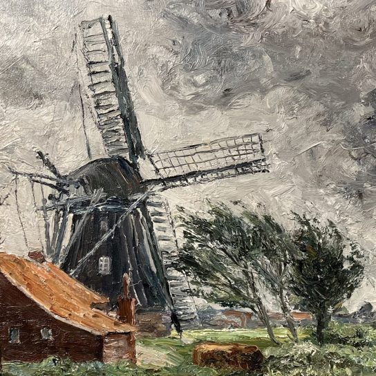 Arthur Eden Sillenstede (1899-1977), Mühle in Ülkegatt (bei Altfunnixsiel), Öl auf Leinwand, o. J. (2. Hälfte 20. Jh.), Inv.-Nr. SHM-17277 (Foto: DSHM) Ölbild einer Mühle neben einem Haus und Bäumen im Sturm