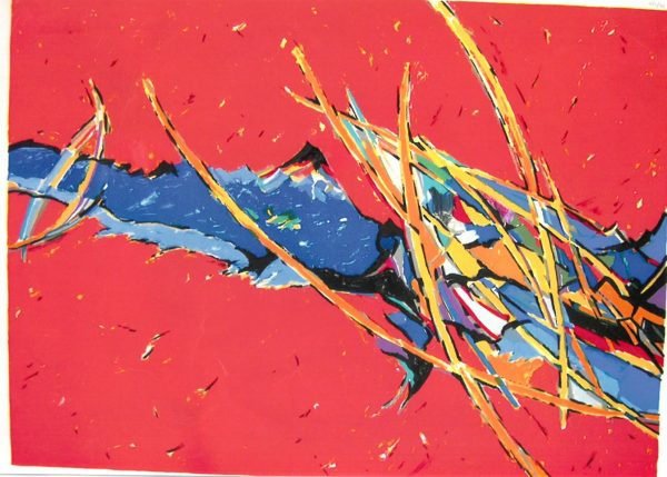 Das Kunstwerk besteht aus großen roten Flächen sowie kleineren Flächen in verschiedenen Farben, überwiegend blau, gelb und orange.