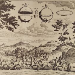 Magdeburger Halbkugeln, Druck von 1950 nach einem Stich aus Otto von Guerickes Hauptwerk „Experimenta nova (ut vocantur) Magdeburgica“ (1672), Inv.-Nr OSF-02159 (Foto: Katrin Habben) Darstellung der Magdeburger Halbkugeln im Detail und im Versuchsaufbau