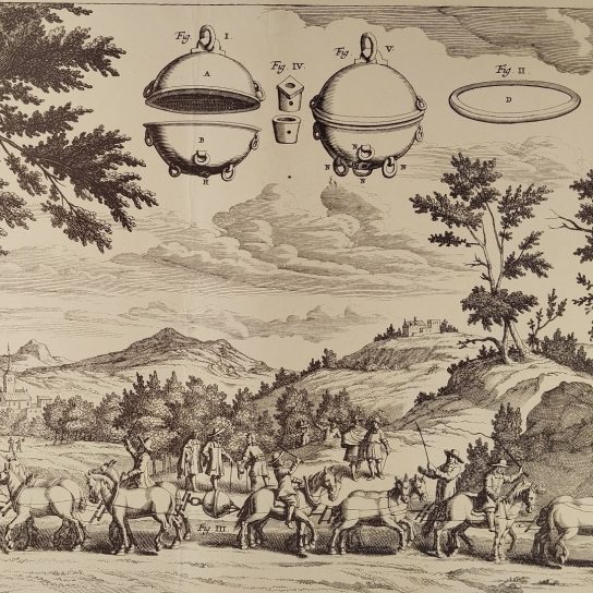 Magdeburger Halbkugeln, Druck von 1950 nach einem Stich aus Otto von Guerickes Hauptwerk „Experimenta nova (ut vocantur) Magdeburgica“ (1672), Inv.-Nr OSF-02159 (Foto: Katrin Habben) Darstellung der Magdeburger Halbkugeln im Detail und im Versuchsaufbau