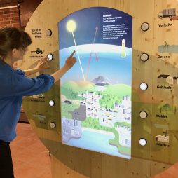 Interaktives Exponat "KlimaKenner". Foto: Hansestadt Uelzen Eine Frau bedient ein interaktives Ausstellungselement zum Thema Treibhauseffekt